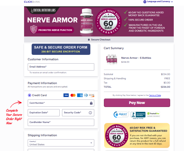 Secure Nerve Armor order page for purchase
